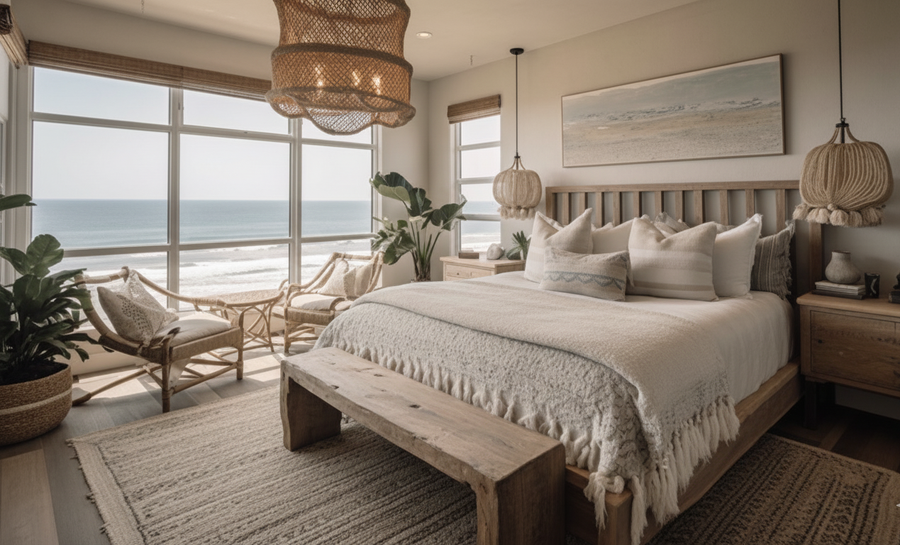 : A coastal-style bedroom demonstrating how 2026 flooring trends bring warmth to Tampa homes with cozy, durable surfaces.