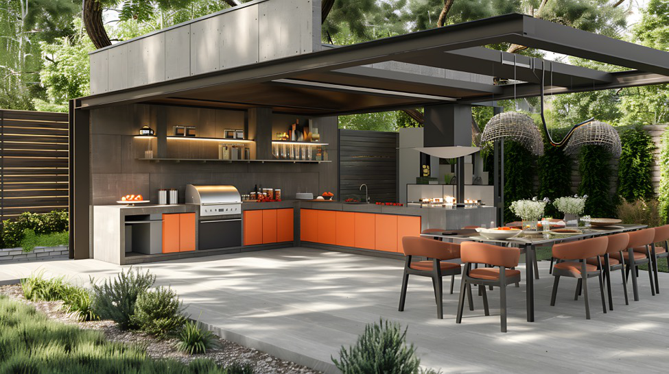 Outdoor kitchen with stone flooring, built-in grill, and chic modern design elements.