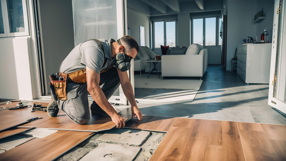 Tampa Flooring | How to Maintain Your Floors for Lasting Beauty and Durability a man in a dust mask installs an engineered hardwood floor in a living area.